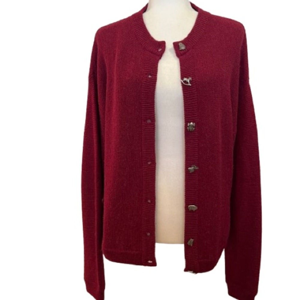Aplaca Wool Cardigan Made in Peru Silver Metal Buttons Dark Cherry Red Boxy Fit